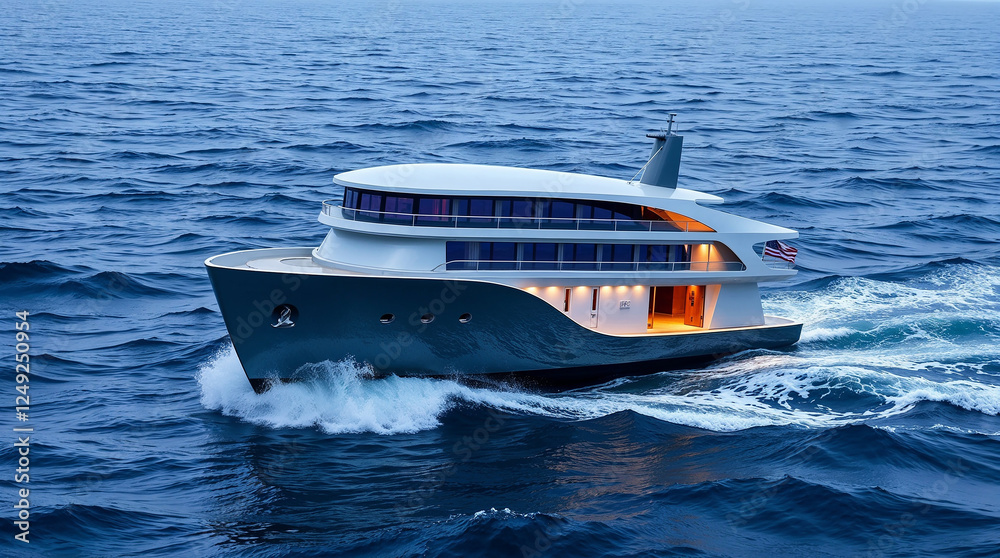 Fototapeta premium Modern yacht sailing on blue ocean at dusk