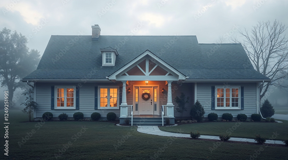 Cozy suburban house glowing in the fog at dusk Cozy suburban house glowing in the fog at dusk