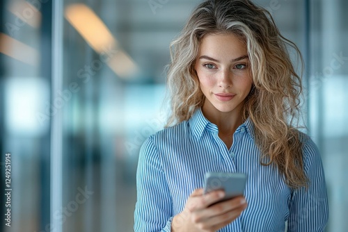 Free Download Business Woman Using Smartphone in Modern Office Hallway with Natural Light - GFXLoad