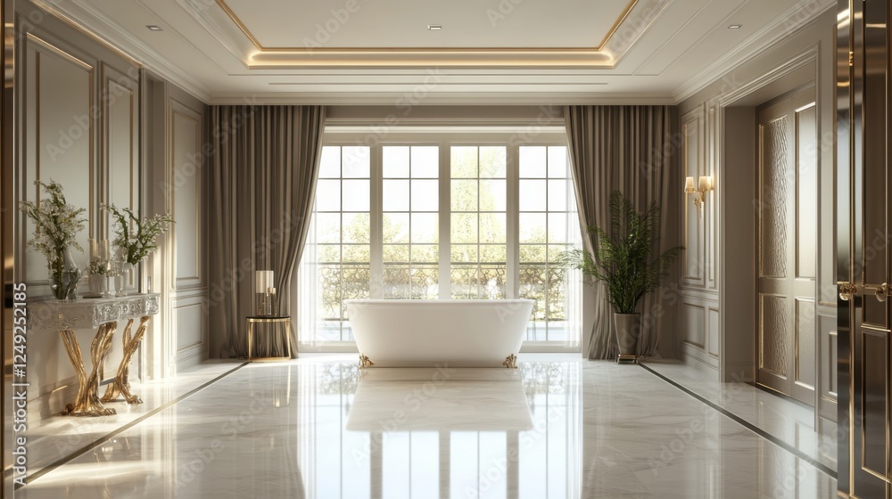 Fototapeta premium luxurious bathroom with freestanding tub and large window