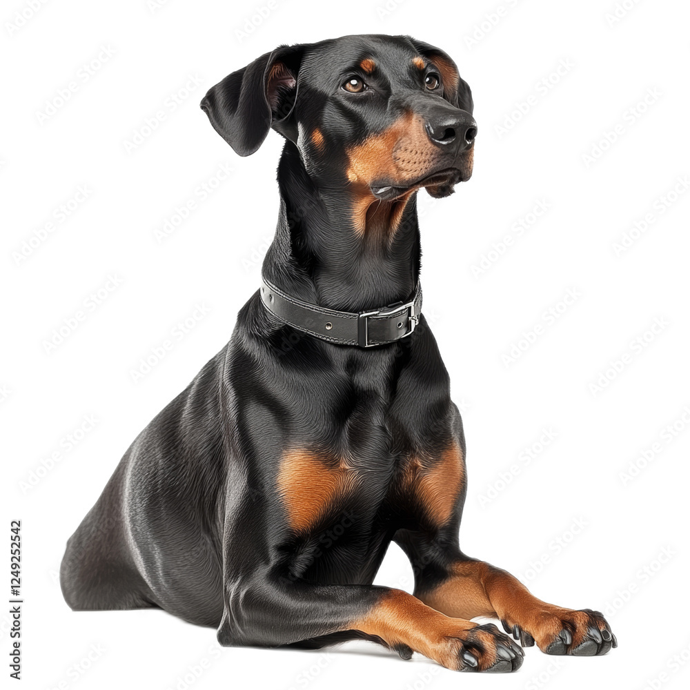 Doberman Pinscher Dog Lying Down, Looking Up Doberman Pinscher Dog Lying Down, Looking Up