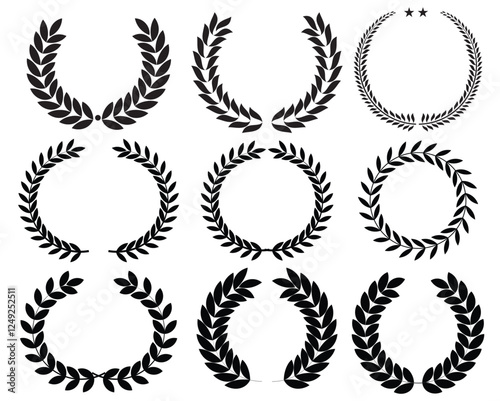 Set of wreaths and branches with leaves. Hand drawing laurel wreaths and branches collection. 
Laurels wreaths, swirls, twigs and flower ornaments. Herbs,