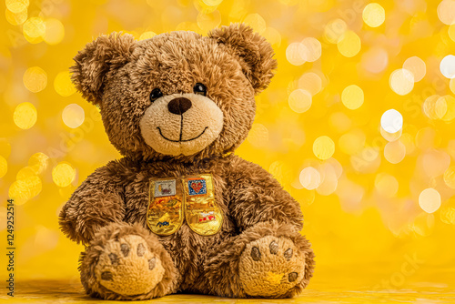 Teddy bear with a badge on its chest sits on a yellow background. The bear has a smile on its face, giving the impression of a happy and contented stuffed animal