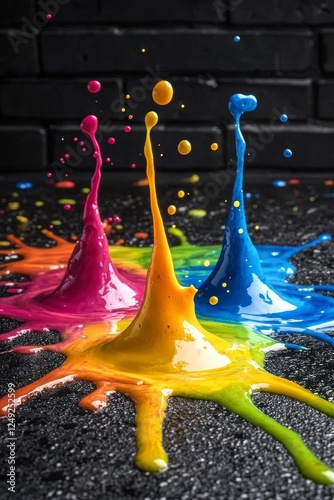 Colorful paint splashes creating artistic patterns on a black surface in a vibrant display of creativity
