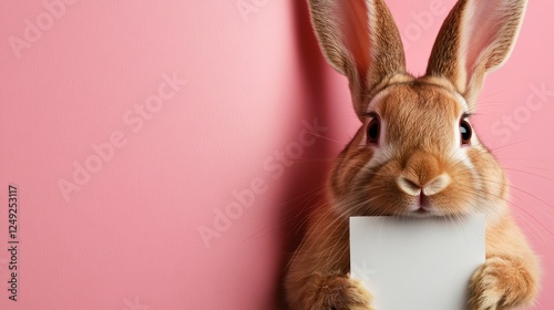 A charming bunny with captivating eyes holds a white card, inviting creative thoughts and personal expressions, making it a versatile image for promotional materials. photo