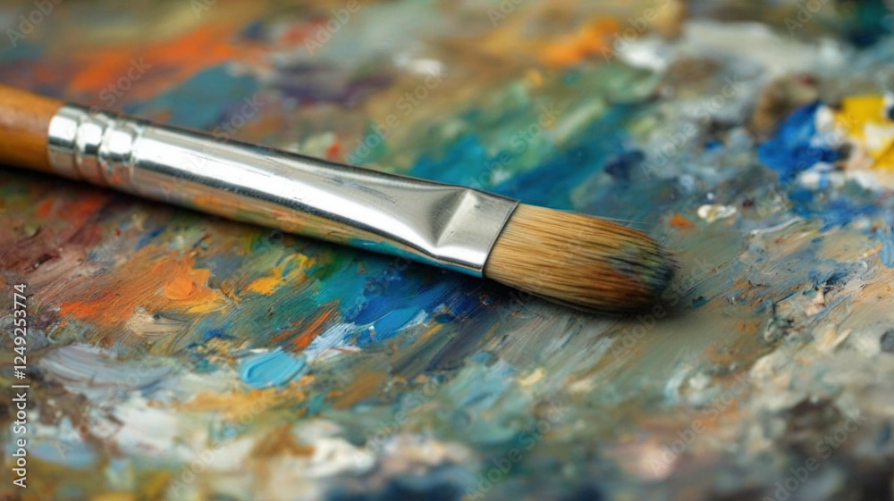 A paintbrush lying on a colorful artist's palette covered with mixed oil or acrylic paints in various shades of blue, orange, and yellow. A paintbrush lying on a colorful artist's palette covered with mixed oil or acrylic paints in various shades of blue, orange, and yellow.