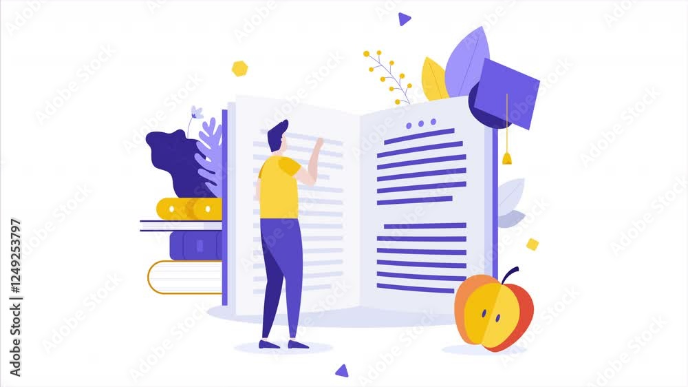 Education Concept book reading animation, animation book with a pile of books and a man reading to get concept ideas suitable for learning and graduating. 2d animation