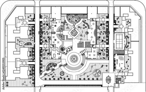 vector sketch, silhouette illustration, site plan layout, city park landscape layout full of trees and plants