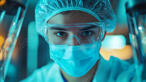Woman wearing surgical mask and goggles in a medical environment for safety and protection