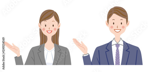 案内するビジネスマン　スーツ姿の男女のイラスト
