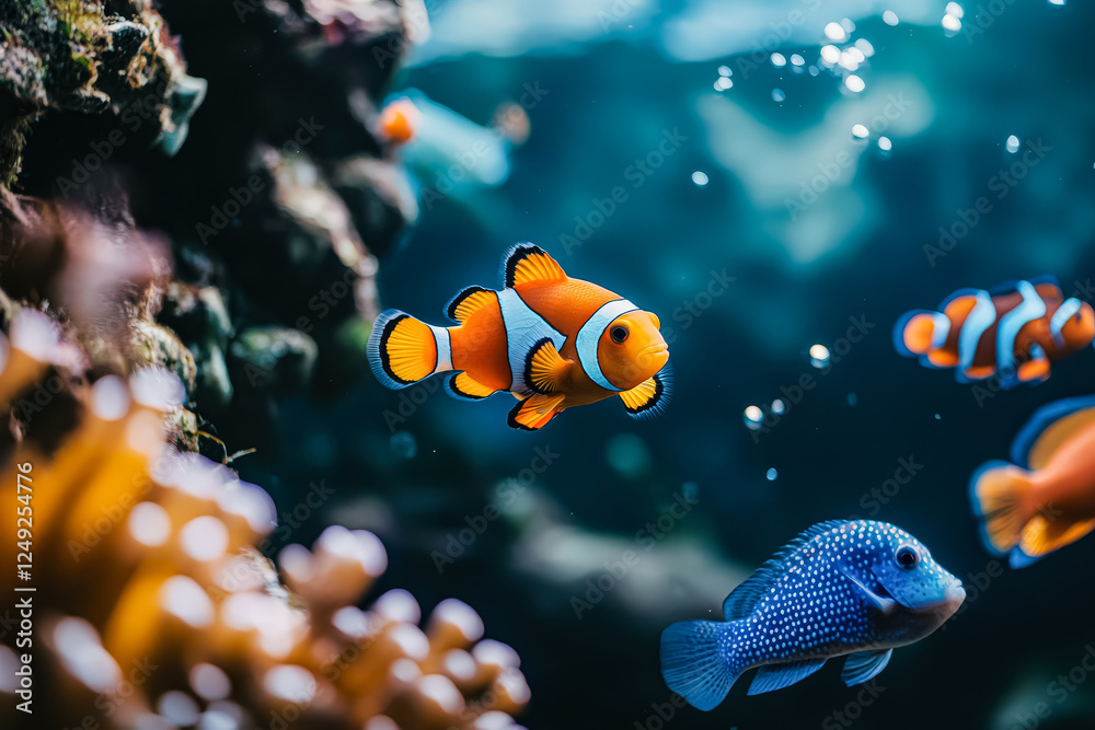 Fototapeta premium Group of fish swimming in a tank, one of which is orange and white. The tank is filled with coral and other sea life