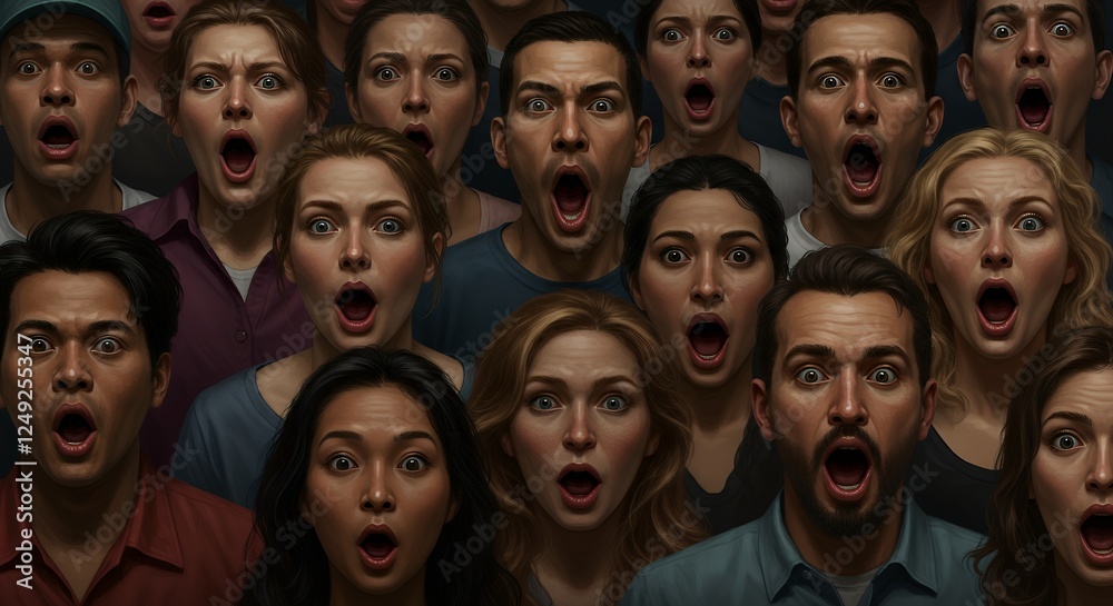 A crowd showing expressions of shock surprise and disbelief A crowd showing expressions of shock surprise and disbelief