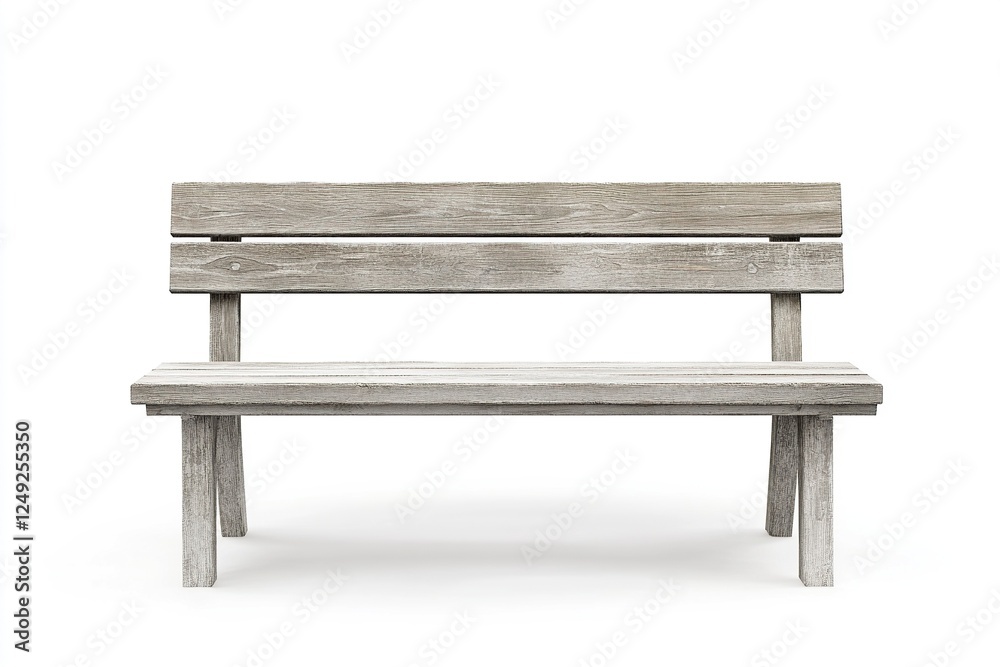 Front view of gray wooden bench with backrest isolated on a white background Front view of gray wooden bench with backrest isolated on a white background