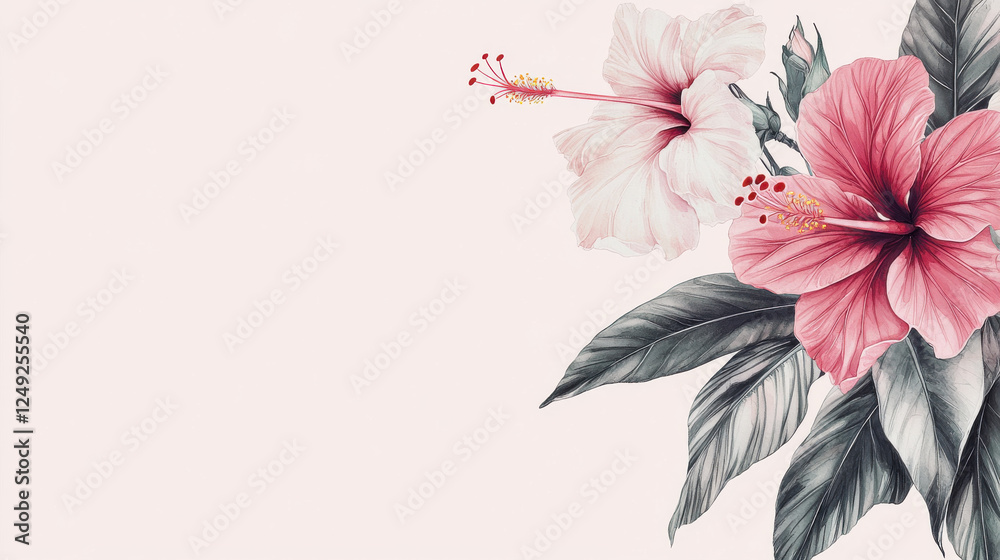 Obraz premium Hibiscus flowers with lush green leaves on soft background