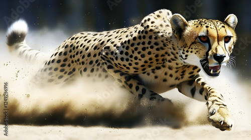 Cheetah running through dust, wildlife action shot, savanna background. Possible use Stock photo for nature, animals, wildlife, and action photo