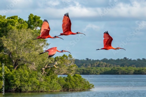 Scarlet Ibises in Flight Over Lençóis Maranhenses, Brazil