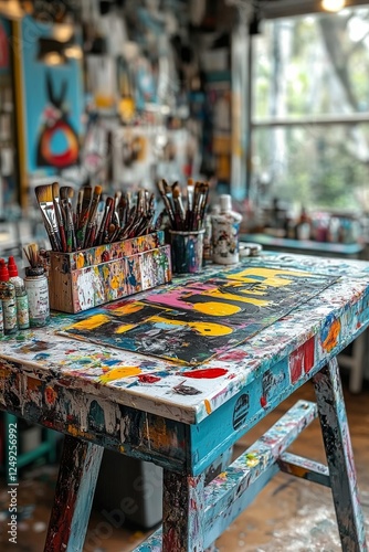 Creative workspace filled with colorful paint and art supplies in a bright studio