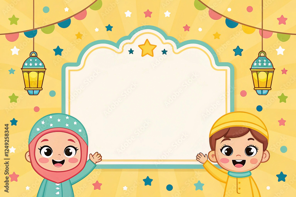 Cartoon children frame, Ramadan celebration, empty space for text, children's illustration Cartoon children frame, Ramadan celebration, empty space for text, children's illustration