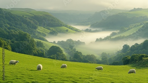 Sheep graze misty valley sunrise, pastoral landscape, idyllic scenery, nature photography