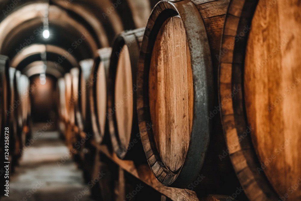 Wine barrels in old cellar, aged wood, storage Wine barrels in old cellar, aged wood, storage