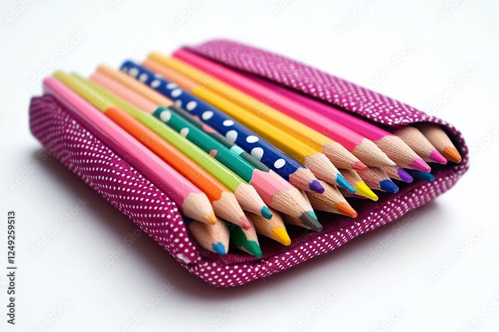 Colored pencils in a pencil case on white background Colored pencils in a pencil case on white background