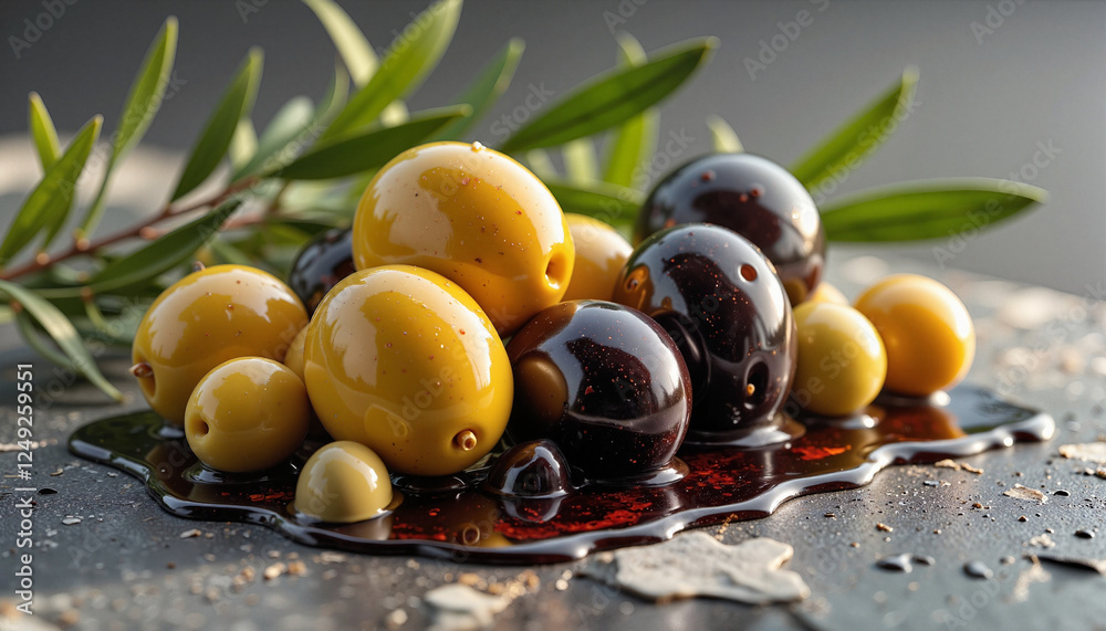 Vibrant Spanish olives on textured stone with balsamic glaze, culinary art Vibrant Spanish olives on textured stone with balsamic glaze, culinary art