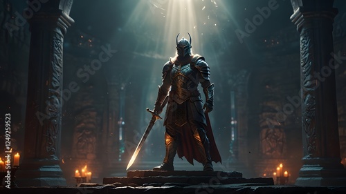 A mystical warrior standing atop an ancient altar