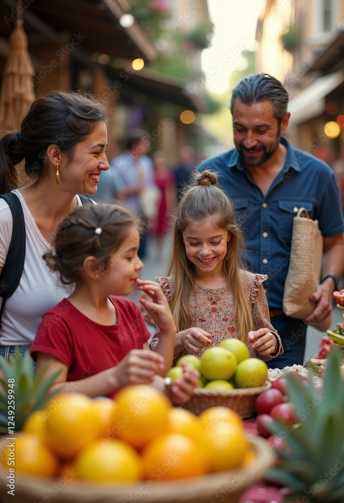 Family Fun at the Market: A Joyful Scene of Cultural Exploration, with Children Tasting Exotic Fruits, Grandparents Chatting, Parents Browsing Crafts.
Family Fun at the Market: A Joyful Scene of Cultural Exploration, with Children Tasting Exotic Fruits, Grandparents Chatting, Parents Browsing Crafts.