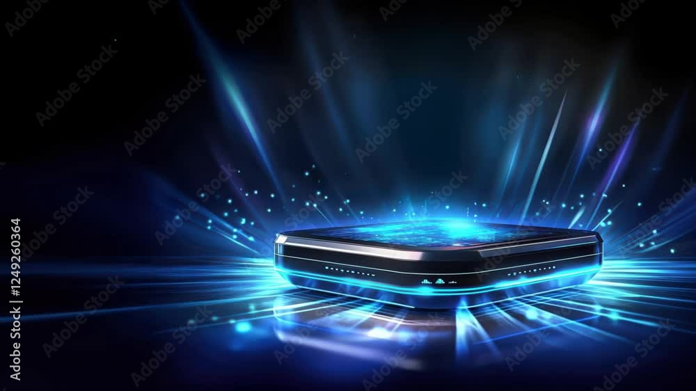 A sleek futuristic device with glowing blue lights and floating digital symbols, symbolizing high speed internet and strong wi fi, home wifi, mobile wifi, 5g wifi connectivity