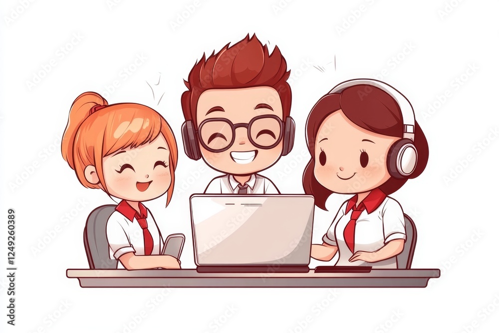 A chibi-style illustration of an IT support department helping employees with computer issues A chibi-style illustration of an IT support department helping employees with computer issues