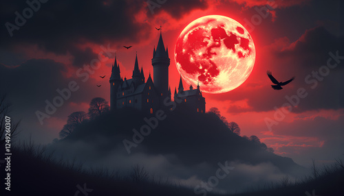 Blood-red moon over gothic castle, dark fantasy atmosphere