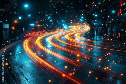 Dynamic light trails illuminate a rainy urban street at night