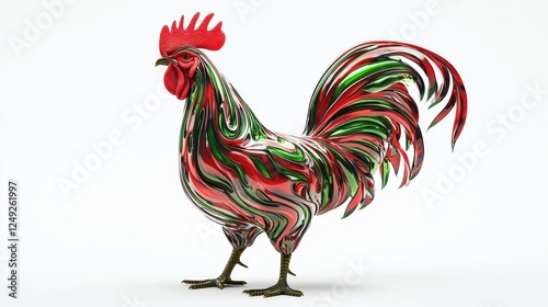 Colorful Abstract Rooster with Swirling Red and Green Patterns on a White Background for Artistic and Animal Themes