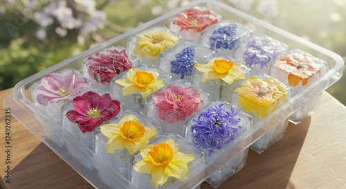 Flowers are frozen in ice cubes in a plastic tray