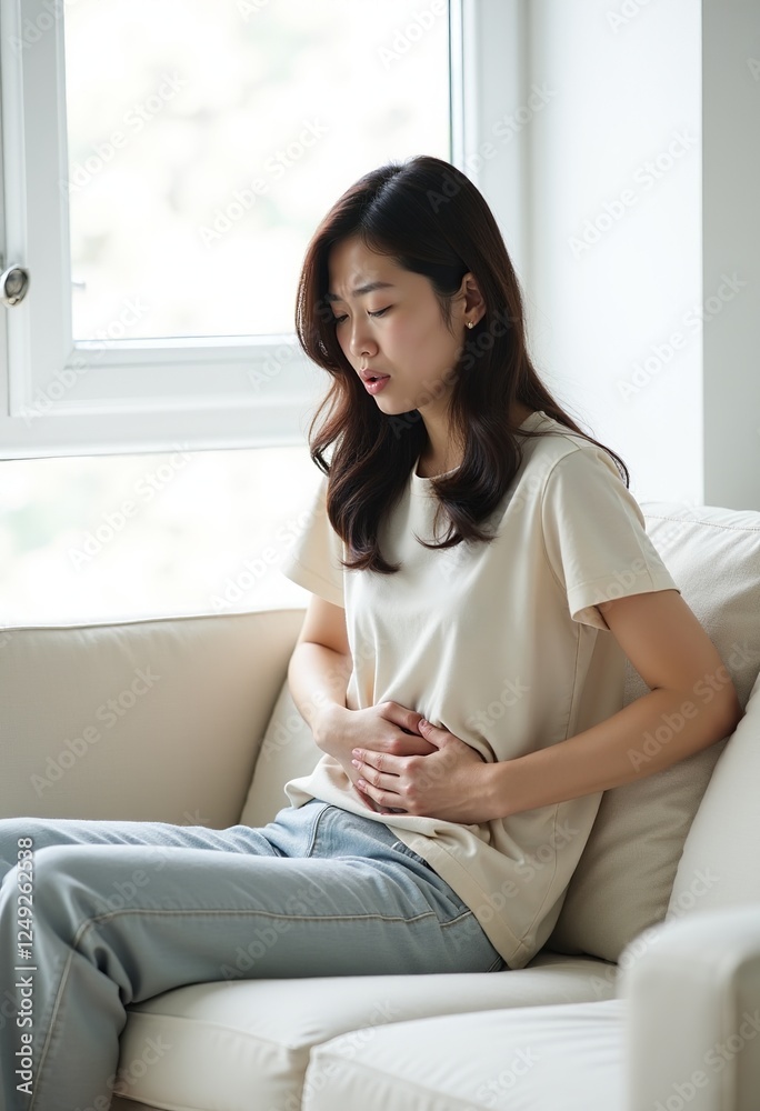 Obraz premium 胃痛緩和：ミニマリストインテリアの白いソファで顔をしかめる日本人女性、明るい自然光、カジュアルな服、心配そうな表情。
