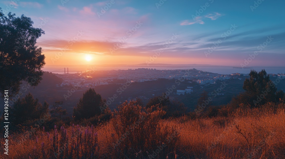 Naklejka premium Sunset overlooking a hilly landscape with silhouettes of mountains and city skyline against the horizon. The scene conveys a sense of tranquility and natural beauty.
