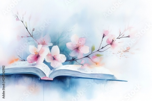 A delicate watercolor painting of an open textbook with elegant calligraphy notes