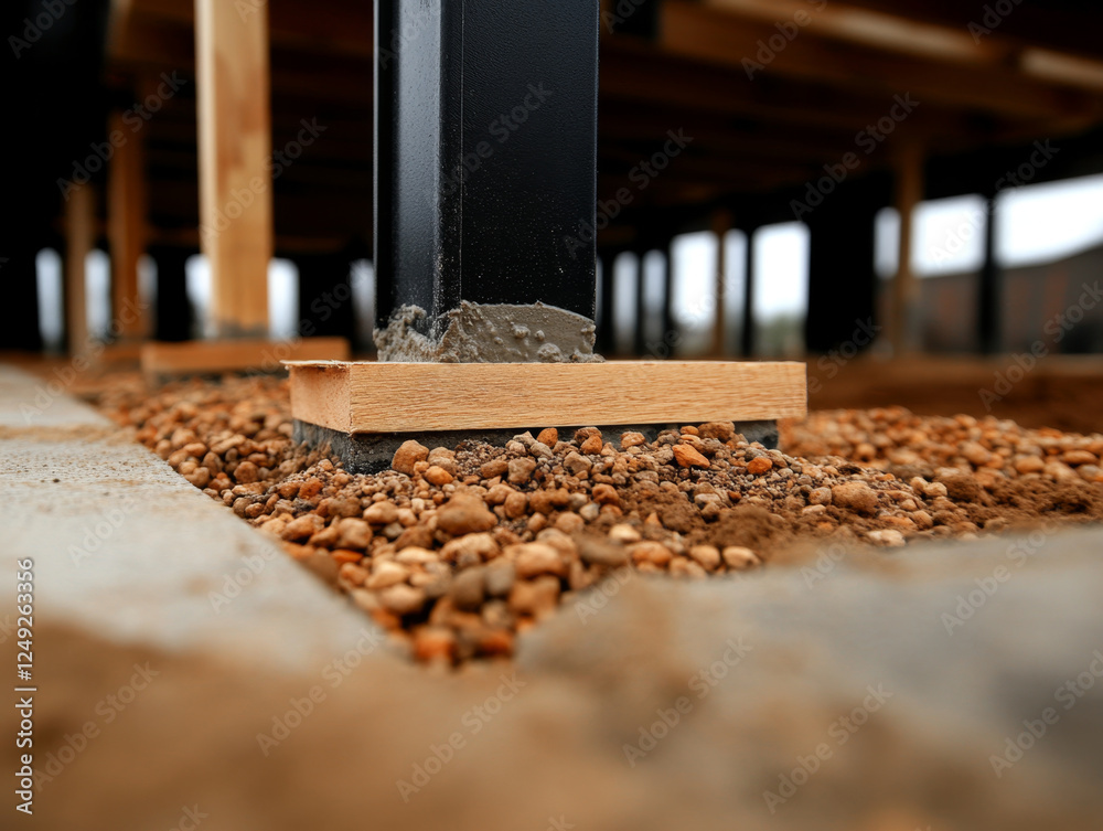 Strong foundation construction with gravel and concrete support Strong foundation construction with gravel and concrete support