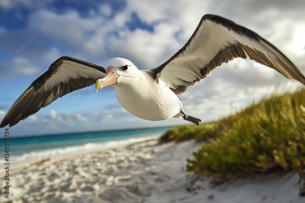 Fototapeta premium Seagull is flying over a beach with a clear blue sky. The bird is in the middle of the sky and is the main focus of the image. The beach is sandy and stretches out in the background