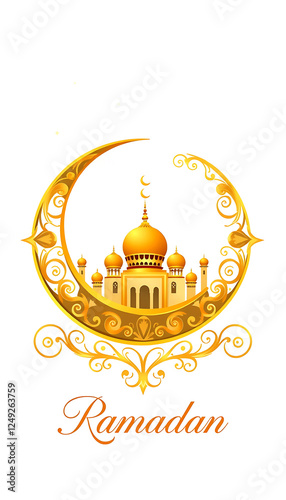 Golden Mosque and Crescent Moon Illustration for Ramadan