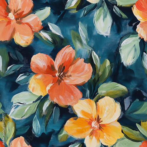 Floral seamless pattern in acrylic hand-painting style. Elegant summer botanical ornament with painted yellow and orange flowers, green leaves on blue background, brush strokes. Cute all-over design