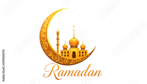 Golden Mosque and Crescent Moon Illustration for Ramadan