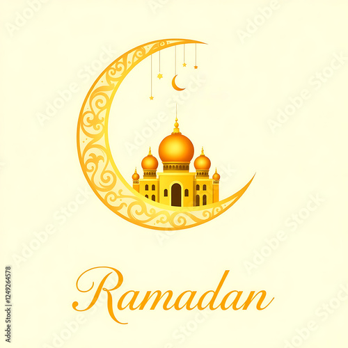 Golden Mosque and Crescent Moon Illustration for Ramadan