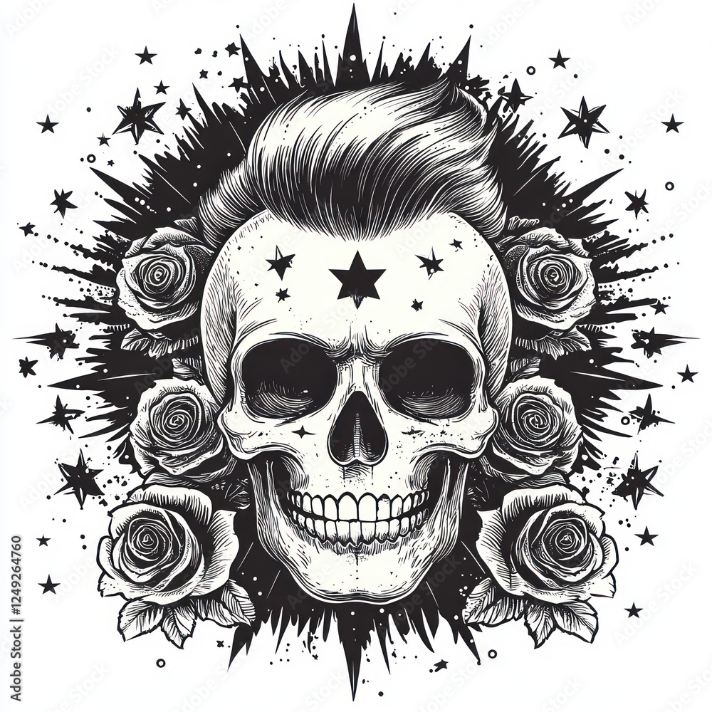 Obraz premium Punk Skull with Mohawk Surrounded by Roses and Stars in Black and White Tattoo Style