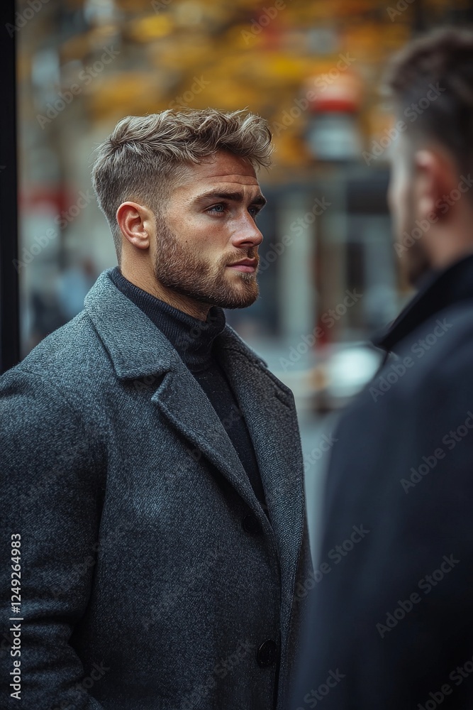 Man in stylish coat engaged in conversation on a city street during autumn Man in stylish coat engaged in conversation on a city street during autumn