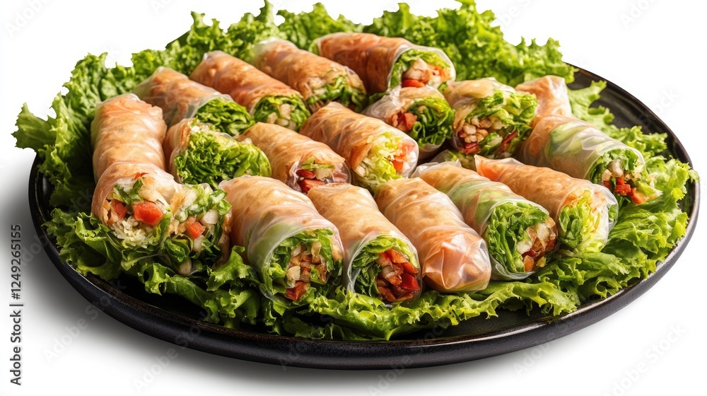 Colorful platter of vegetarian-friendly spring rolls filled with chicken salad, served on a bed of leafy greens for a fresh and appetizing look. Colorful platter of vegetarian-friendly spring rolls filled with chicken salad, served on a bed of leafy greens for a fresh and appetizing look.