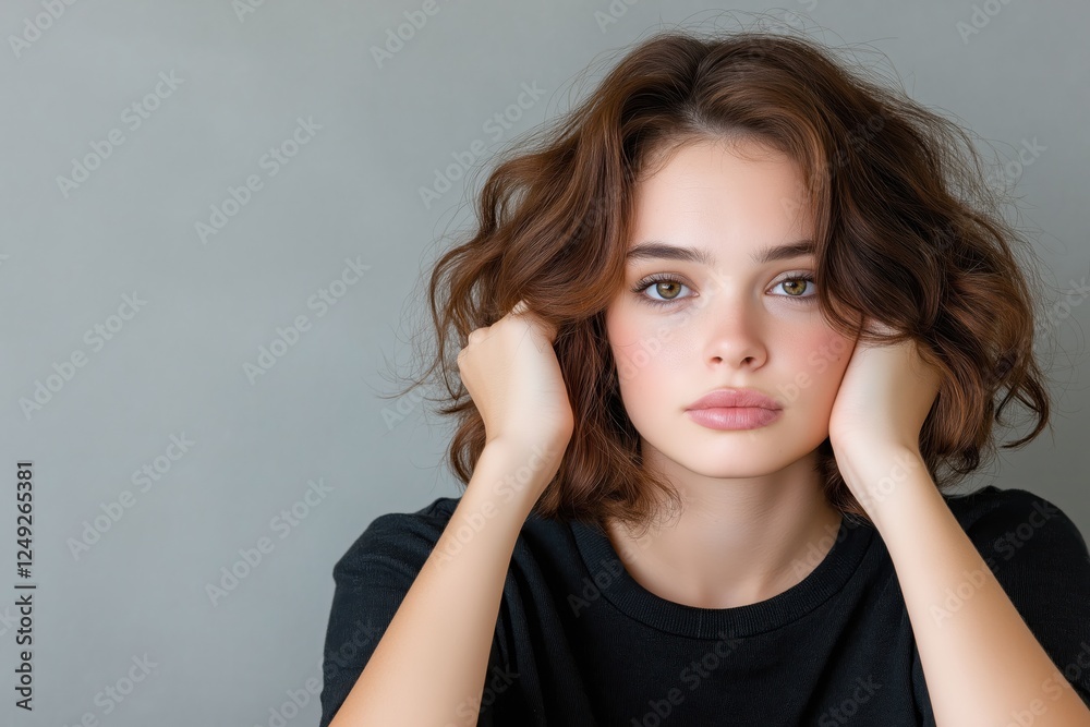 Expressing sadness in a studio setting with clean background showcasing a woman in full growth in a moment of introspection Expressing sadness in a studio setting with clean background showcasing a woman in full growth in a moment of introspection