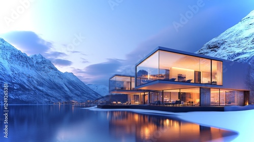 Modern architecture overlooking a serene lake with snow-capped mountains at dusk