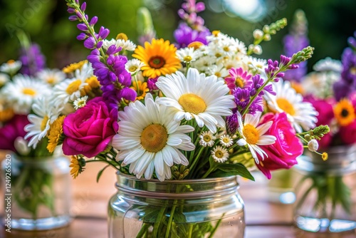 Wallpaper Mural Colorful floral bouquet in glass jar on wooden table for weddings Torontodigital.ca