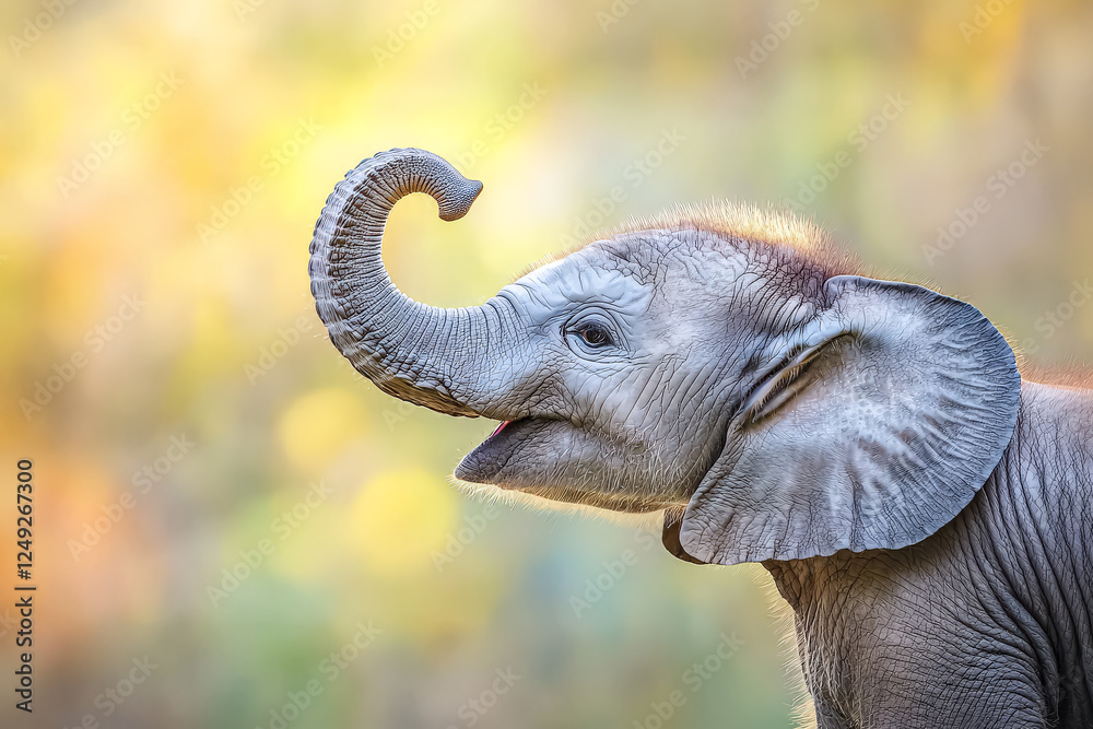 Fototapeta premium Baby elephant is standing in a field of tall grass. The elephant is looking at the camera and he is happy